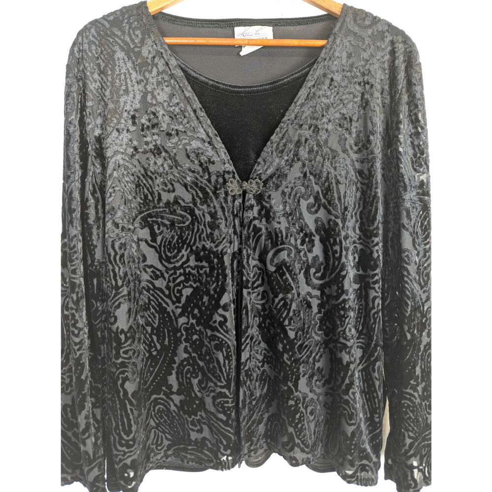 Vtg Velvet Burnout Top Paisley Black 1990s Semi Sheer Frog Clasp Evening Large